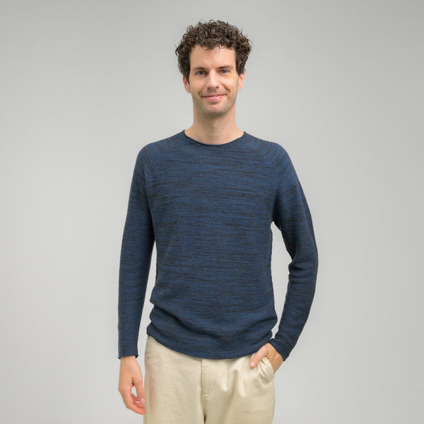 Rundhals Herrenpullover mit Wolle und Baumwolle in anthrazit und blauer Farbmelange