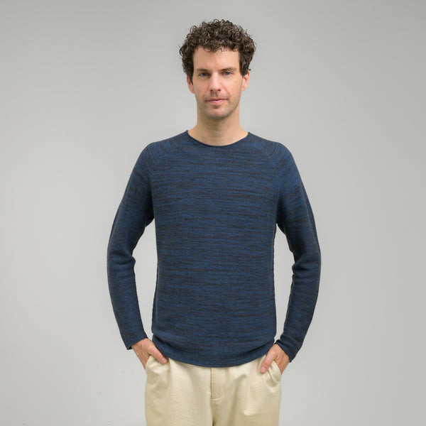 Rundhals Herrenpullover mit Wolle und Baumwolle in anthrazit und blauer Farbmelange