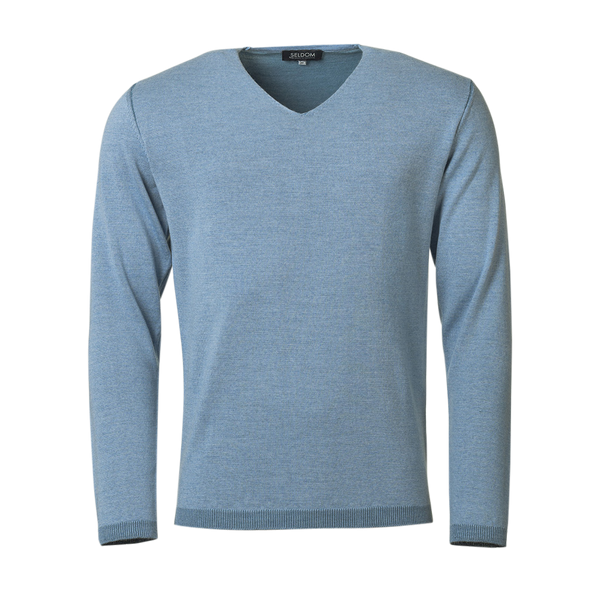Herren V-Pullover aus Merinowolle mit Baumwolle hellblau-grau