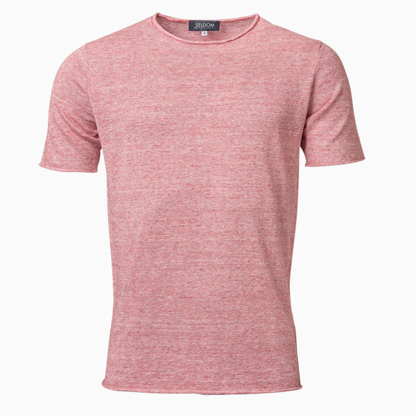 Herren Strick T-Shirt aus Leinen - rot/weiß meliert