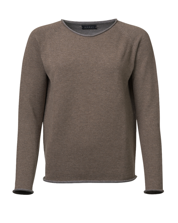 Damen Rundhals Wendepullover Merinowolle, beige-hellgrau