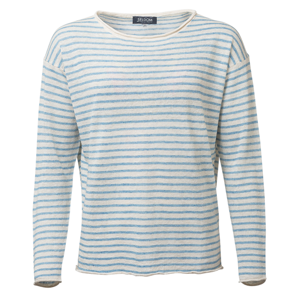 Rea - Damenshirt mit Rundhalsausschnitt aus Leinen und Baumwolle, blau/weiß gestreift