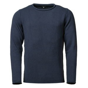 blauer Wollpullover mit kleinem Rollkregen, Rippen Bündchen am Saum und Rollkanten am Ärmel
