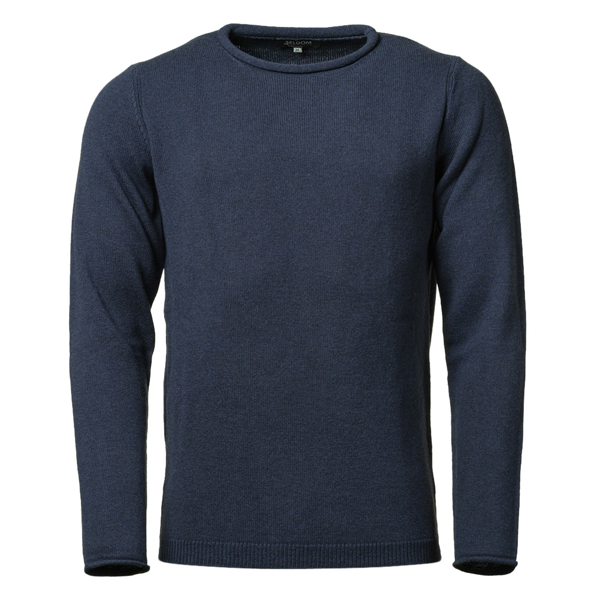blauer Wollpullover mit kleinem Rollkregen, Rippen Bündchen am Saum und Rollkanten am Ärmel