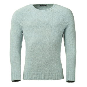 Hellblauer Rundhals Pullover aus strukturiertem Leinengarn mit Baumwolle