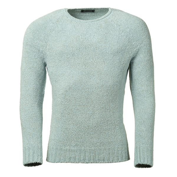 Hellblauer Rundhals Pullover aus strukturiertem Leinengarn mit Baumwolle