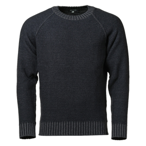 Rundhals Wollpullover für Herren, zweifarbig: innen grau, außen navy, schöne Farbmelange. Markante Rippenbündchen