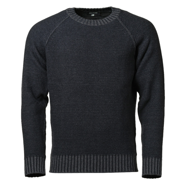 Rundhals Wollpullover für Herren, zweifarbig: innen grau, außen navy, schöne Farbmelange. Markante Rippenbündchen