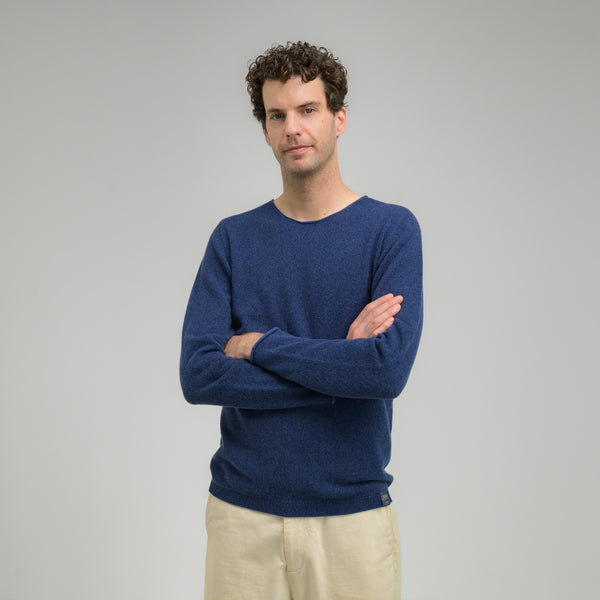 Rundhals Wendepullover mit Kaschmir und Baumwolle nachhaltig, made in Germany, blau